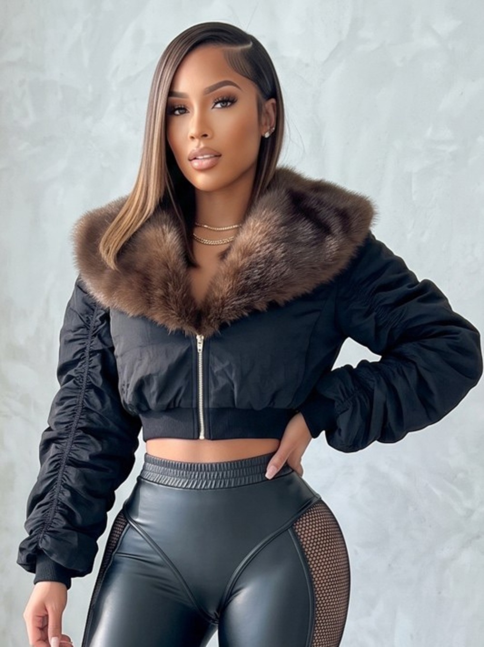 Cropped Black Bomber Jacket with Faux Fur Collar  J-60477